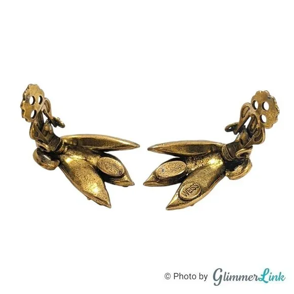 VTG Weiss Aurum Metallic Rhinestones Triple Leaf Bronze Tone Clip On Earrings - Picture 6 of 9